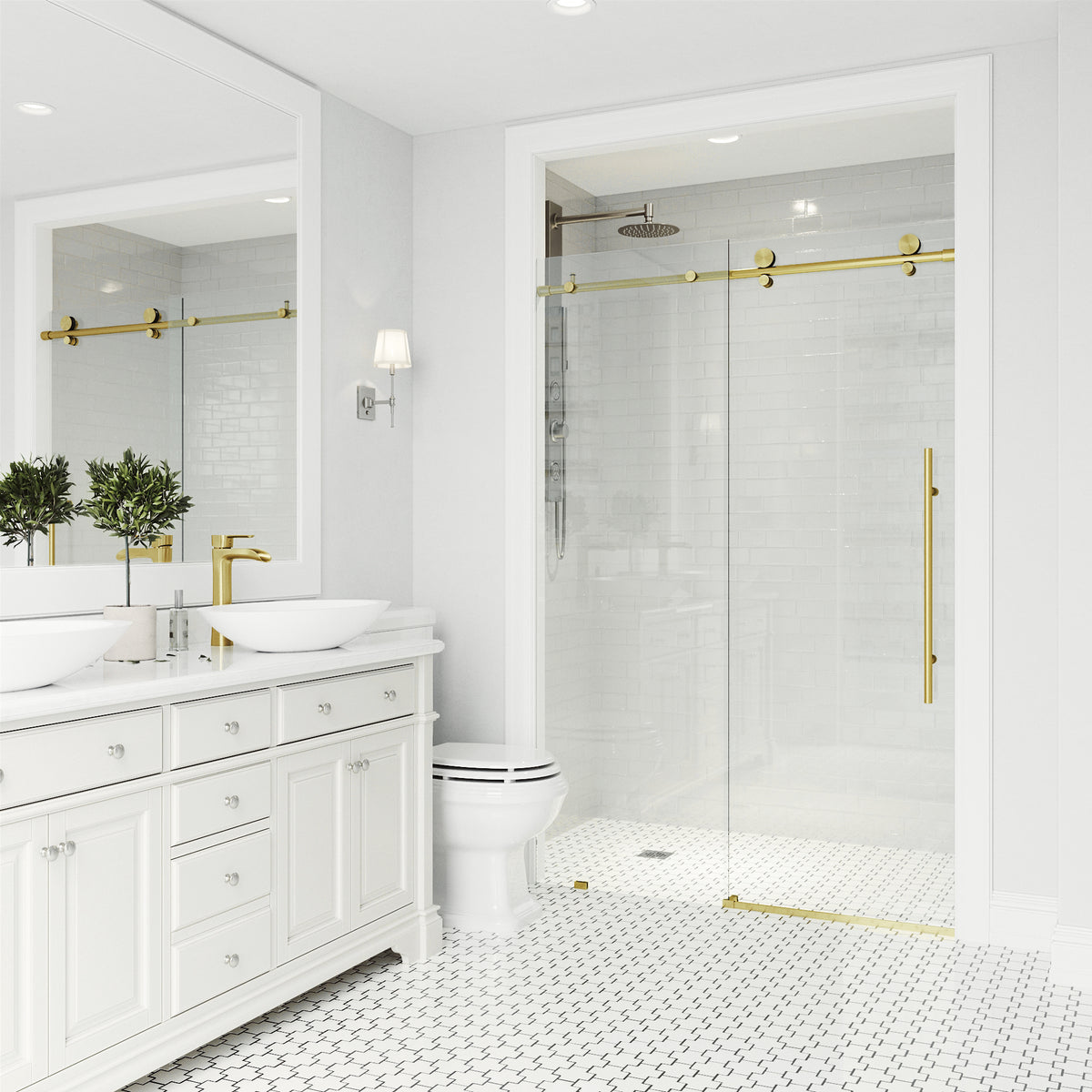 Elan E-Class 68 to 72 in. W x 76 in. H Frameless Sliding Shower Door and Satro 3-Piece Bath Hardware Set in Matte Brushed Gold