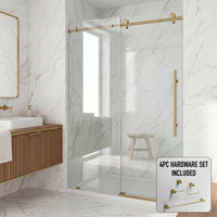Elan E-Class 68 to 72 in. W x 76 in. H Frameless Sliding Shower Door and Meridian 4-Piece Bath Hardware Set in Matte Brushed Gold