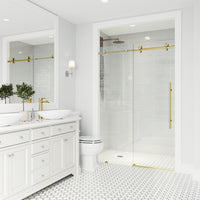 Elan E-Class 68 to 72 in. W x 76 in. H Frameless Sliding Shower Door and Meridian 4-Piece Bath Hardware Set in Matte Brushed Gold