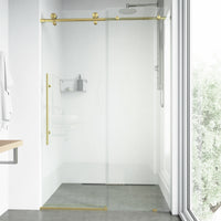 Elan E-Class 68 to 72 in. W x 76 in. H Frameless Sliding Shower Door and Meridian 4-Piece Bath Hardware Set in Matte Brushed Gold