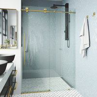 Elan E-Class 68 to 72 in. W x 76 in. H Frameless Sliding Shower Door and Meridian 4-Piece Bath Hardware Set in Matte Brushed Gold