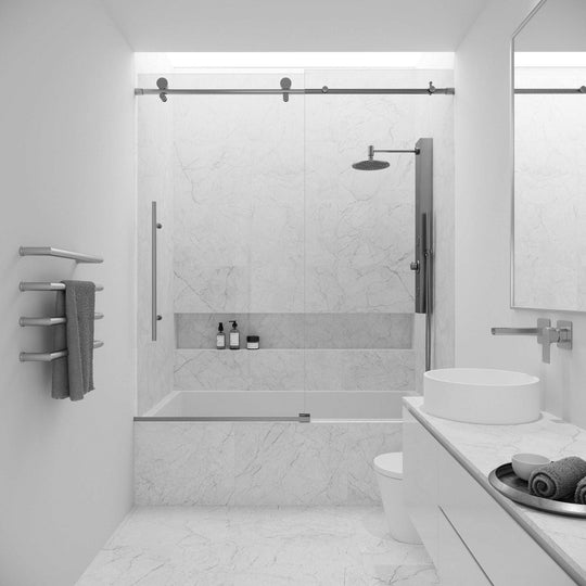 Modern frameless tub door, stainless steel, clear tempered glass, 66 in. height, sliding
