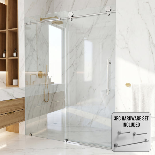 Elan Hart 56 to 60 in. W x 76 in. H Frameless Sliding Shower Door and Satro 3-Piece Bath Hardware Set in Chrome