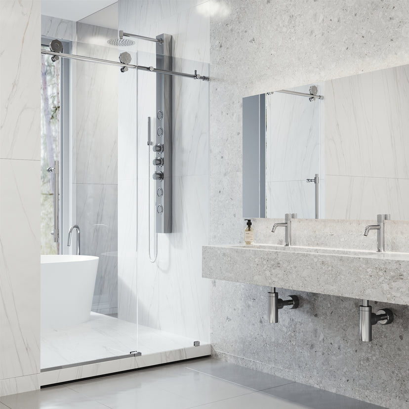 Elan Hart 56 to 60 in. W x 76 in. H Frameless Sliding Shower Door and Satro 3-Piece Bath Hardware Set in Chrome