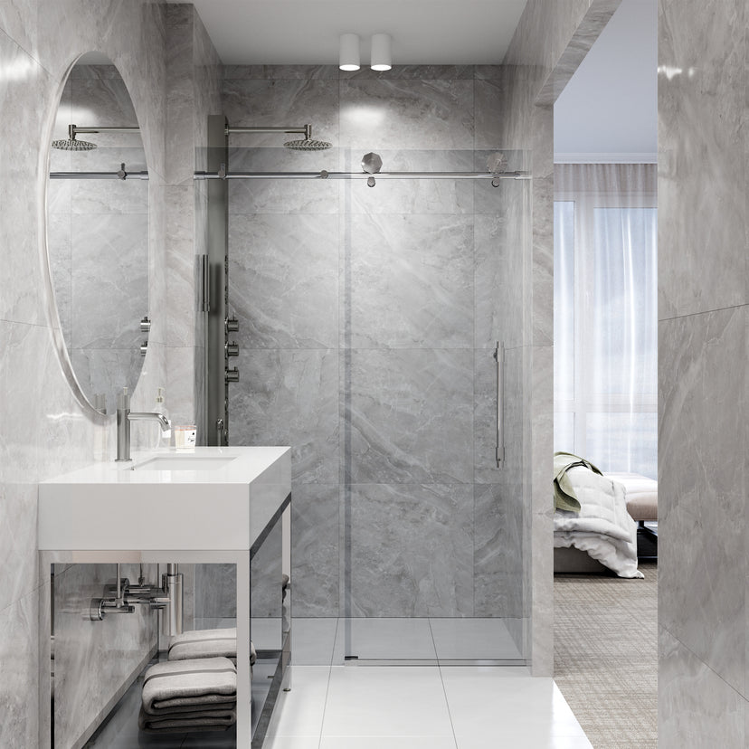 Elan Hart 56 to 60 in. W x 76 in. H Frameless Sliding Shower Door and Satro 3-Piece Bath Hardware Set in Chrome
