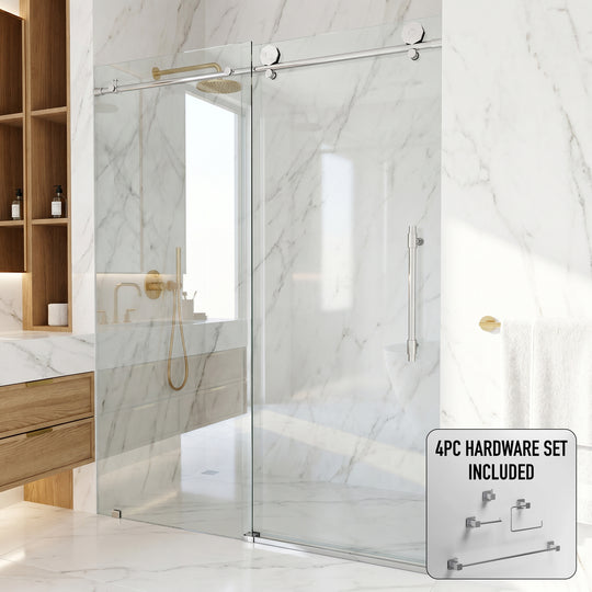 Elan Hart 56 to 60 in. W x 76 in. H Frameless Sliding Shower Door and Meridian 4-Piece Bath Hardware Set in Chrome