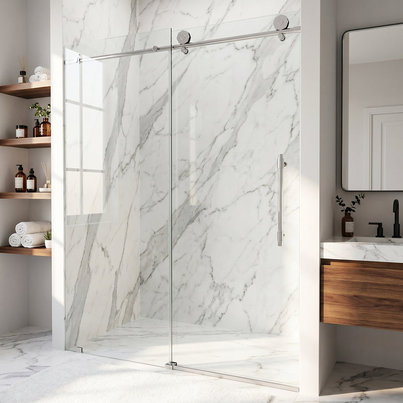 Elan Hart 56 to 60 in. W x 76 in. H Frameless Sliding Shower Door and Meridian 4-Piece Bath Hardware Set in Chrome