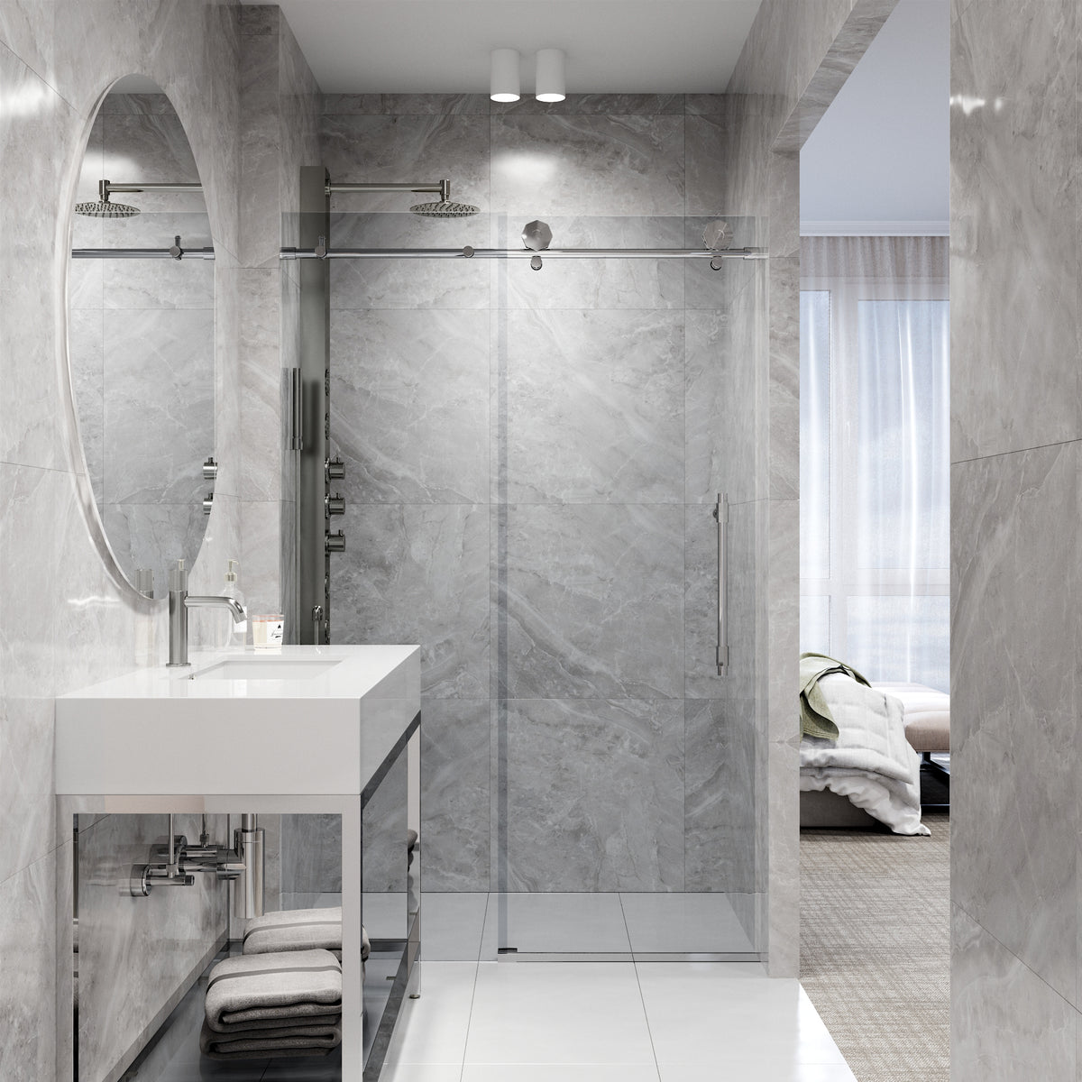 Elan Hart 56 to 60 in. W x 76 in. H Frameless Sliding Shower Door and Meridian 4-Piece Bath Hardware Set in Chrome