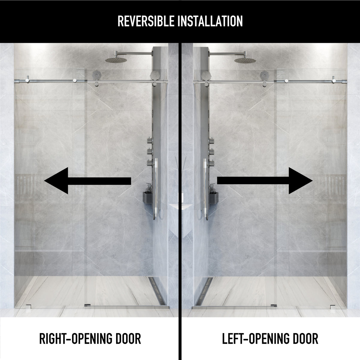 Elan Hart 56 to 60 in. W x 76 in. H Frameless Sliding Shower Door and Meridian 4-Piece Bath Hardware Set in Chrome