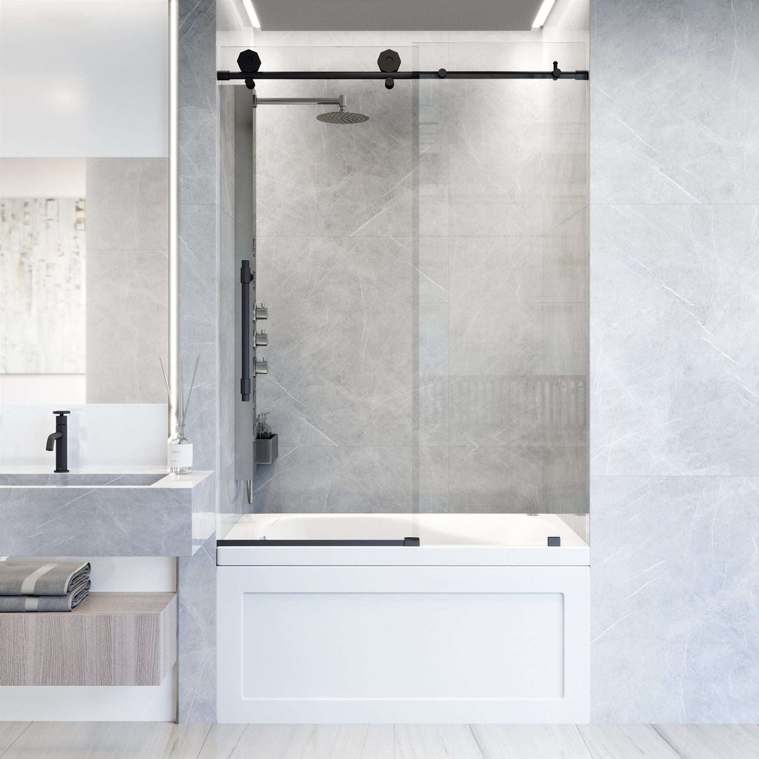Matte black frameless sliding tub door with tempered clear glass and stainless steel hardware