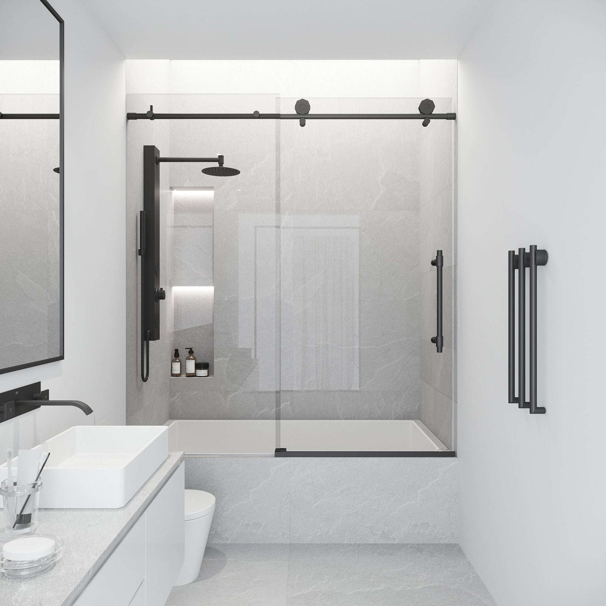 Stainless steel hardware on matte black frameless sliding door with clear glass