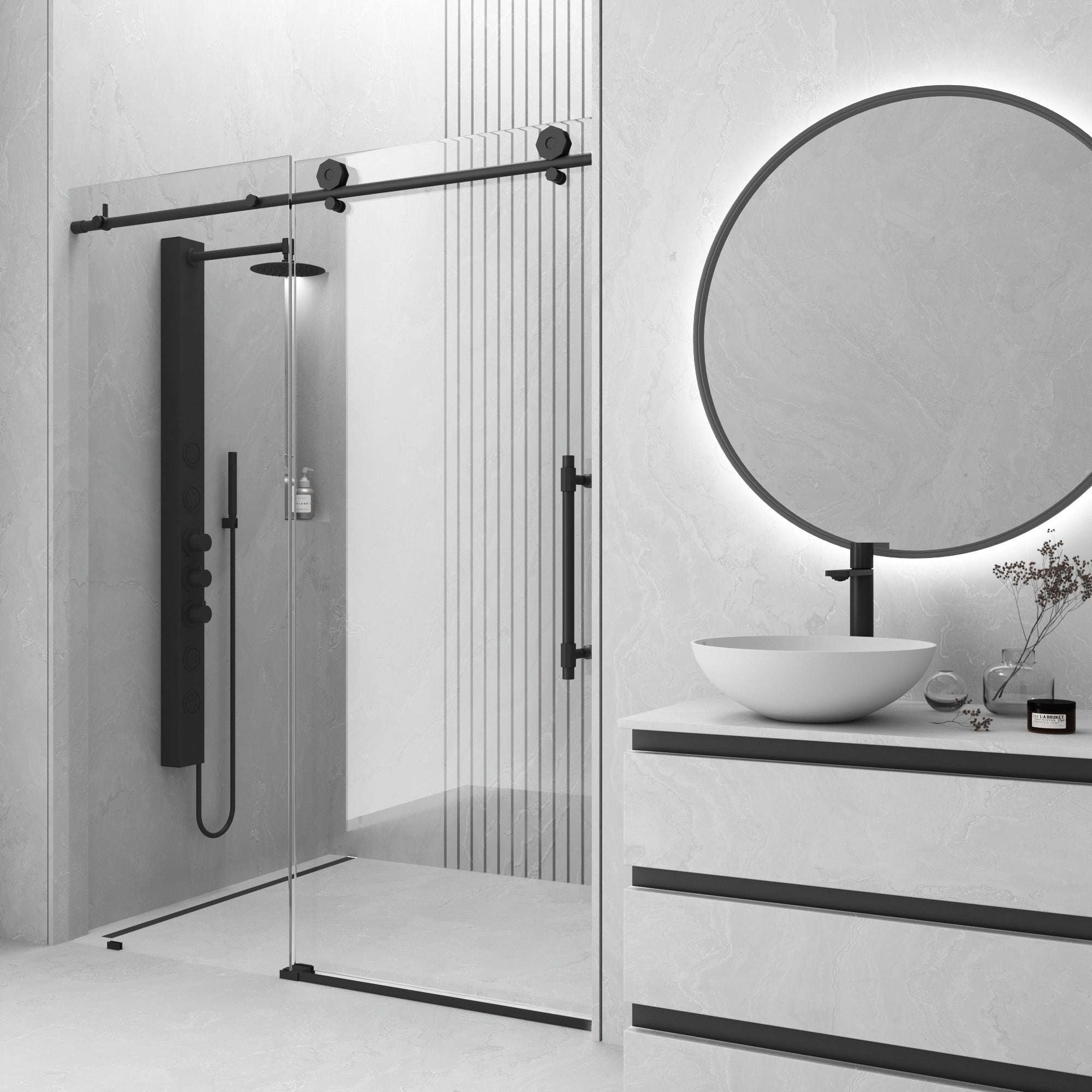 Elan Hart Frameless Sliding Shower Door with matte brushed gold finish and octagon rollers
