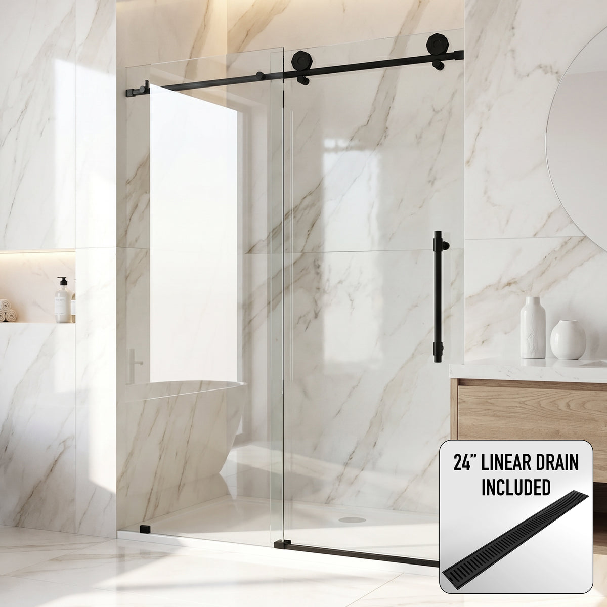 Elan Hart 56 to 60 in. W x 76 in. H Frameless Sliding Shower Door and Elan 24 in. Linear Shower Drain in Matte Black