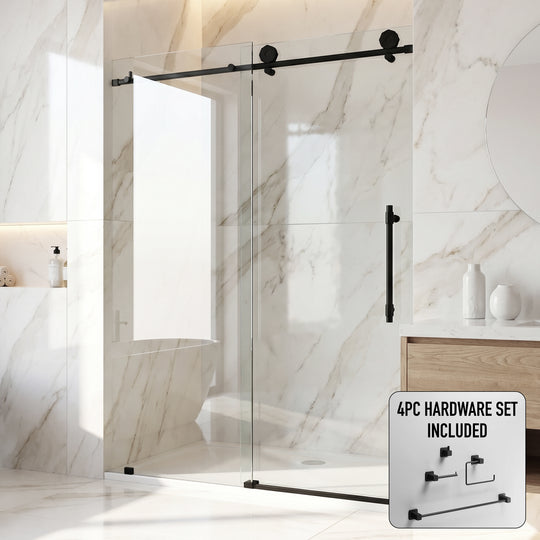Elan Hart 56 to 60 in. W x 76 in. H Frameless Sliding Shower Door and Meridian 4-Piece Bath Hardware Set in Matte Black