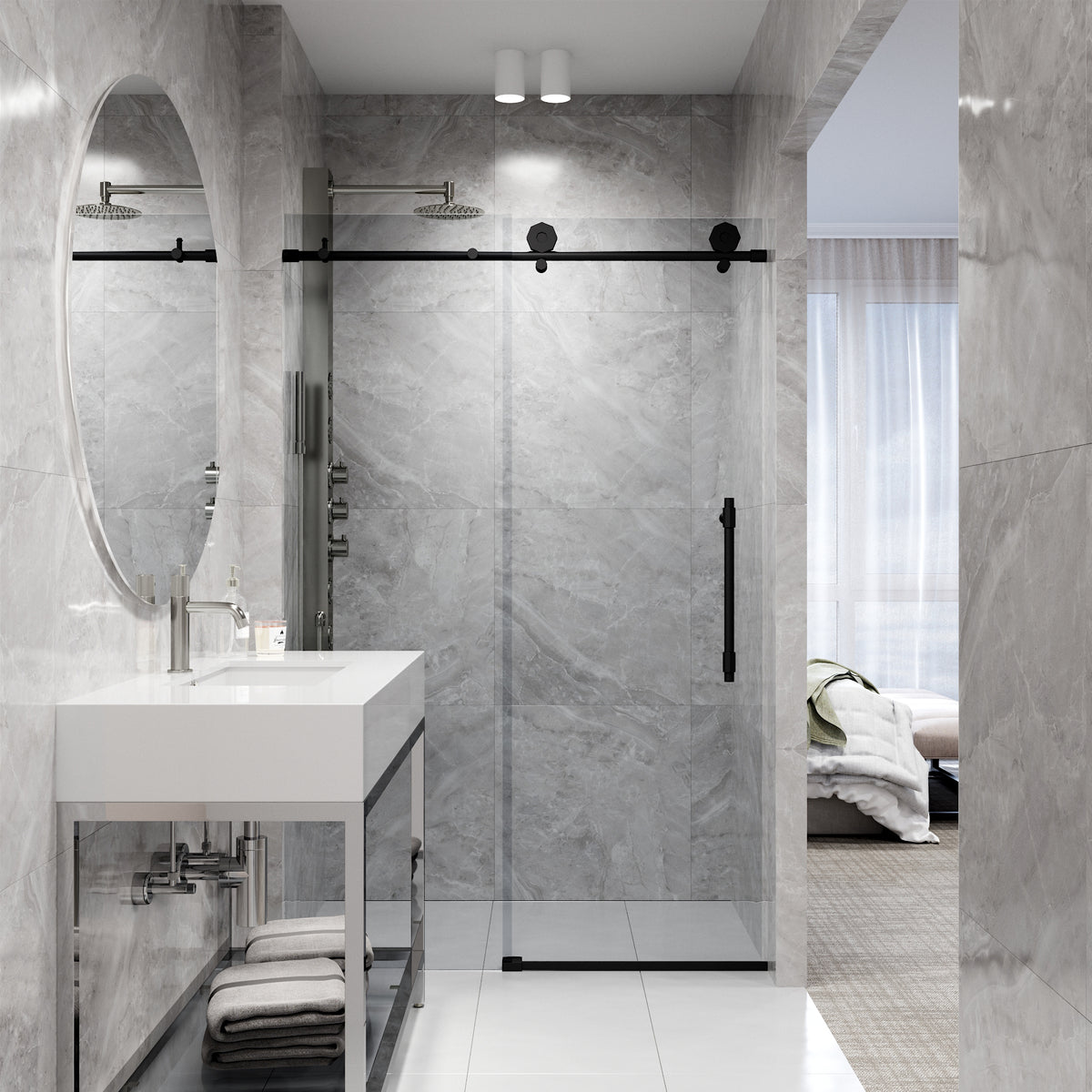 Elan Hart 56 to 60 in. W x 76 in. H Frameless Sliding Shower Door and Meridian 4-Piece Bath Hardware Set in Matte Black