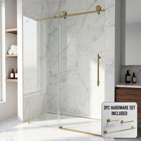 Elan Hart 56 to 60 in. W x 76 in. H Frameless Sliding Shower Door and Satro 3-Piece Bath Hardware Set in Matte Brushed Gold