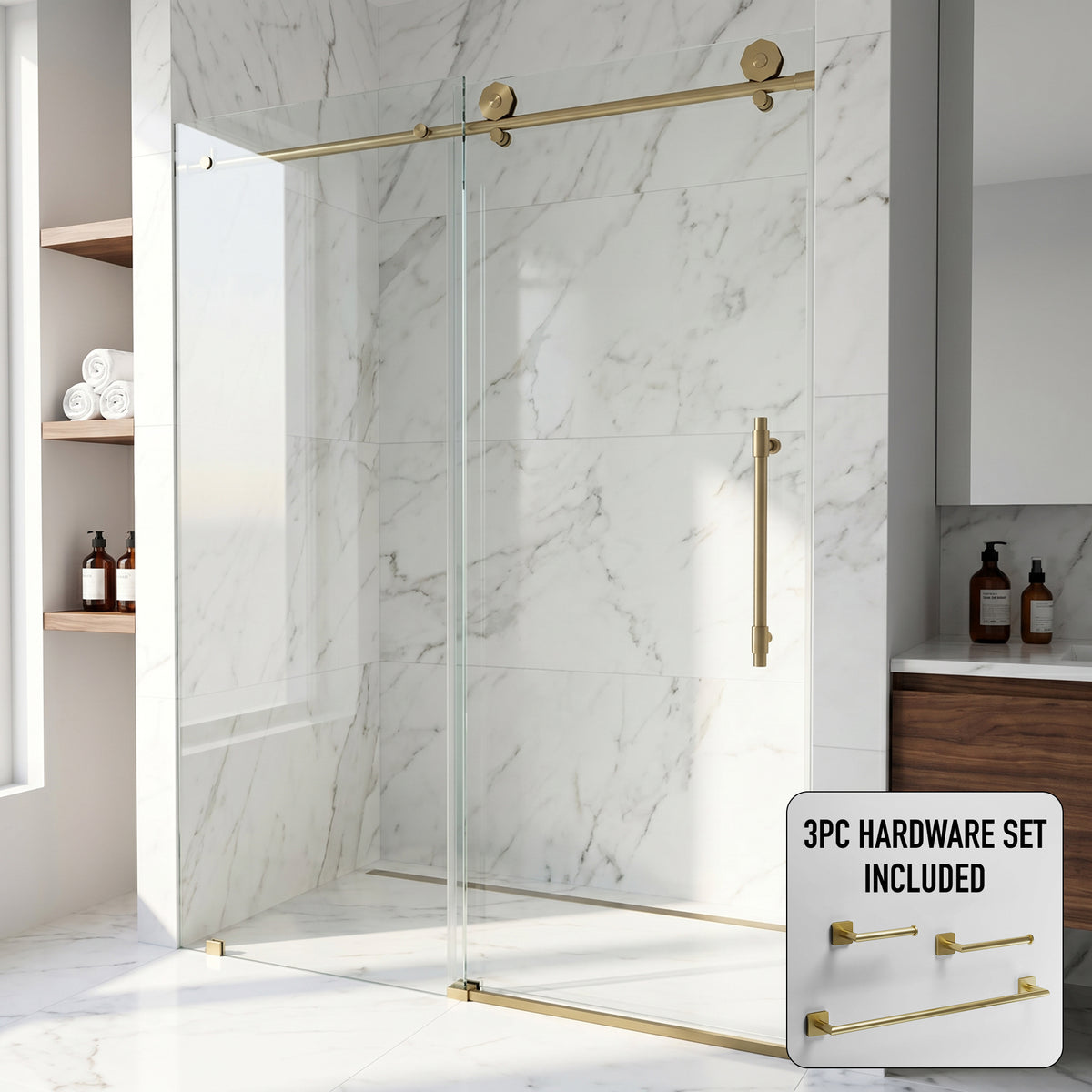 Elan Hart 56 to 60 in. W x 76 in. H Frameless Sliding Shower Door and Satro 3-Piece Bath Hardware Set in Matte Brushed Gold