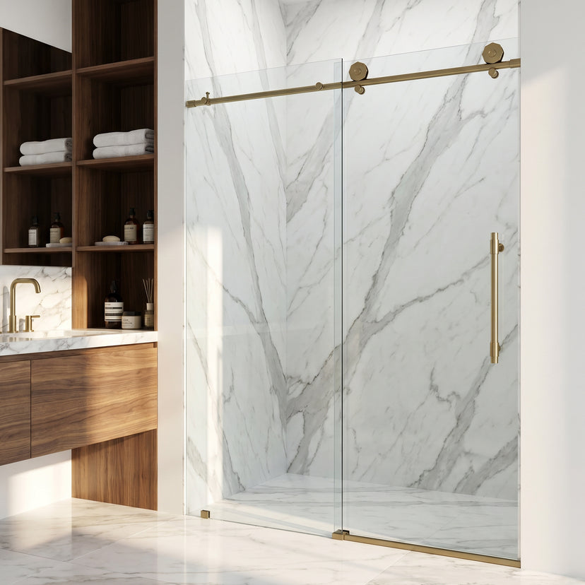 Elan Hart 56 to 60 in. W x 76 in. H Frameless Sliding Shower Door and Satro 3-Piece Bath Hardware Set in Matte Brushed Gold
