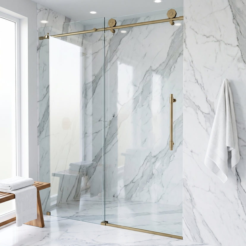 Elan Hart 56 to 60 in. W x 76 in. H Frameless Sliding Shower Door and Satro 3-Piece Bath Hardware Set in Matte Brushed Gold