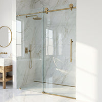 Elan Hart 56 to 60 in. W x 76 in. H Frameless Sliding Shower Door and Satro 3-Piece Bath Hardware Set in Matte Brushed Gold