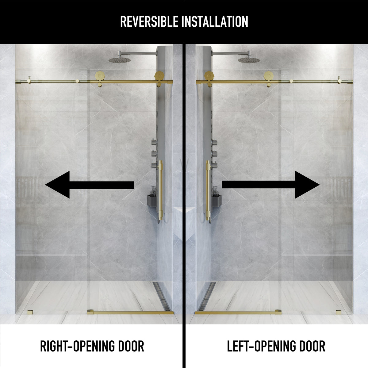 Elan Hart 56 to 60 in. W x 76 in. H Frameless Sliding Shower Door and Satro 3-Piece Bath Hardware Set in Matte Brushed Gold