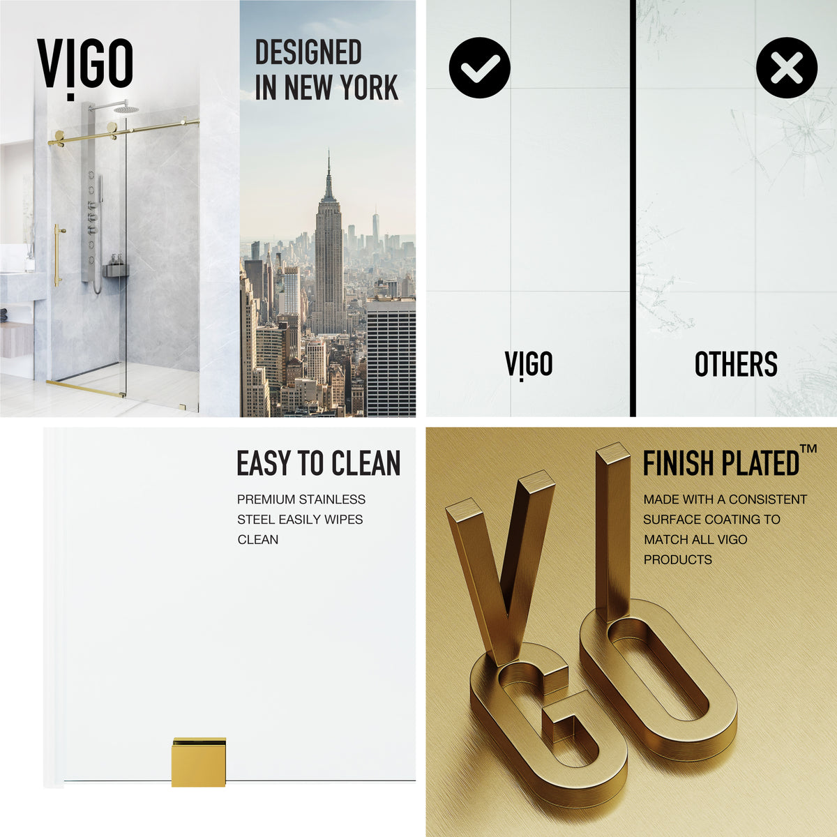 Elan Hart 56 to 60 in. W x 76 in. H Frameless Sliding Shower Door and Satro 3-Piece Bath Hardware Set in Matte Brushed Gold