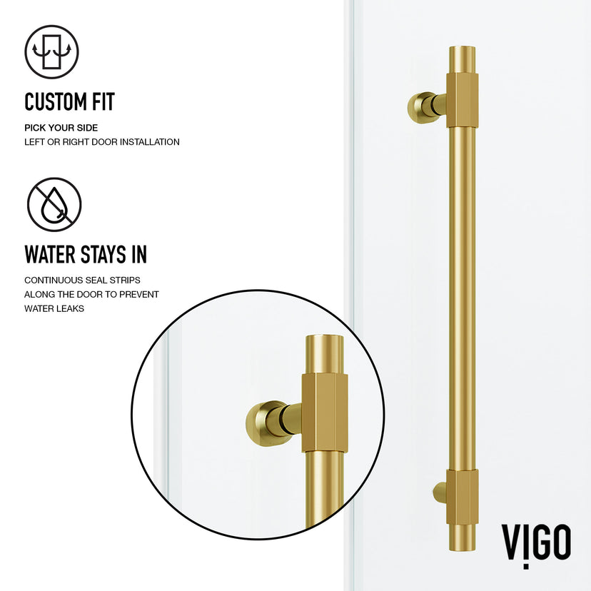 Elan Hart 56 to 60 in. W x 76 in. H Frameless Sliding Shower Door and Satro 3-Piece Bath Hardware Set in Matte Brushed Gold