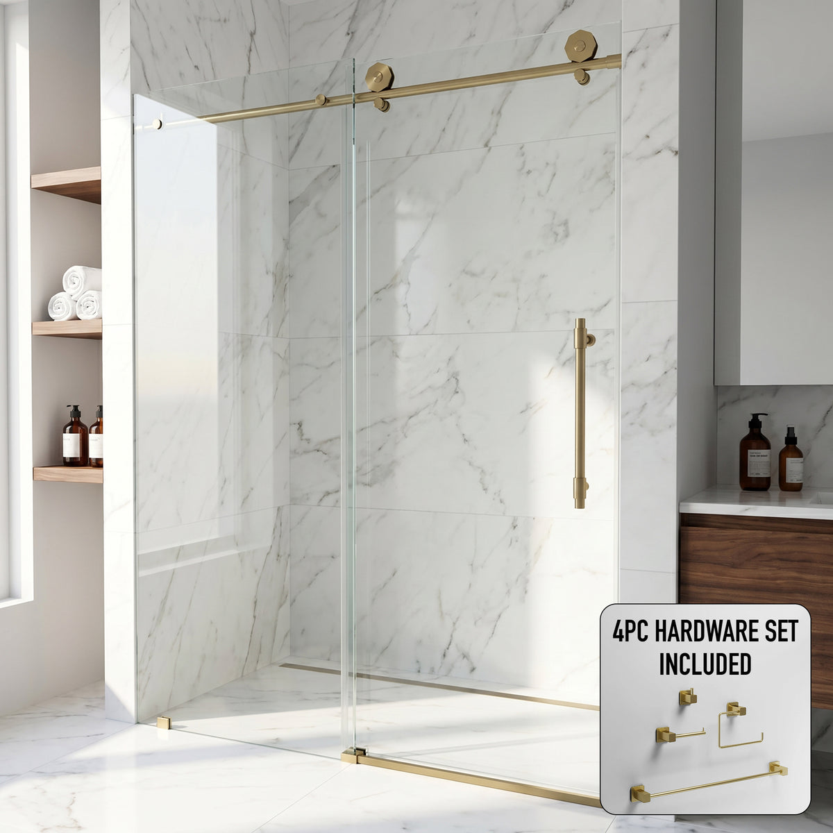 Elan Hart 56 to 60 in. W x 76 in. H Frameless Sliding Shower Door and Meridian 4-Piece Bath Hardware Set in Matte Brushed Gold