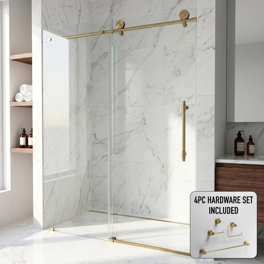Elan Hart 56 to 60 in. W x 76 in. H Frameless Sliding Shower Door and Meridian 4-Piece Bath Hardware Set in Matte Brushed Gold