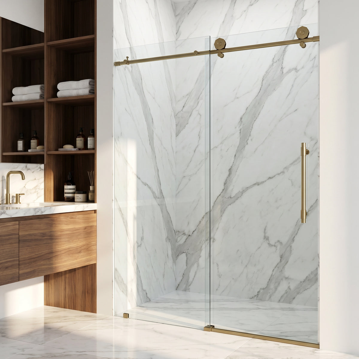 Elan Hart 56 to 60 in. W x 76 in. H Frameless Sliding Shower Door and Meridian 4-Piece Bath Hardware Set in Matte Brushed Gold