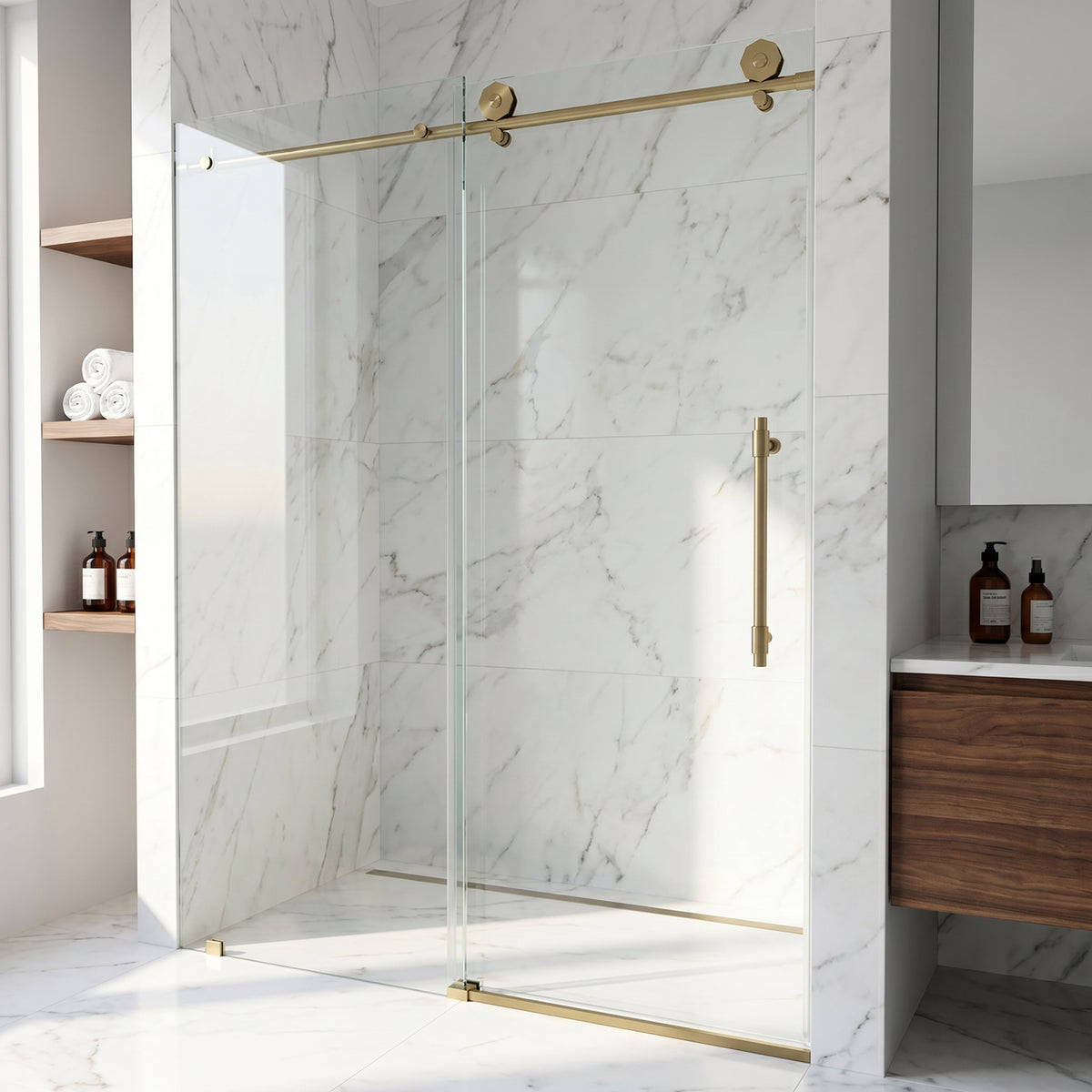 Elan Hart 56 to 60 in. W x 76 in. H Frameless Sliding Shower Door and Meridian 4-Piece Bath Hardware Set in Matte Brushed Gold