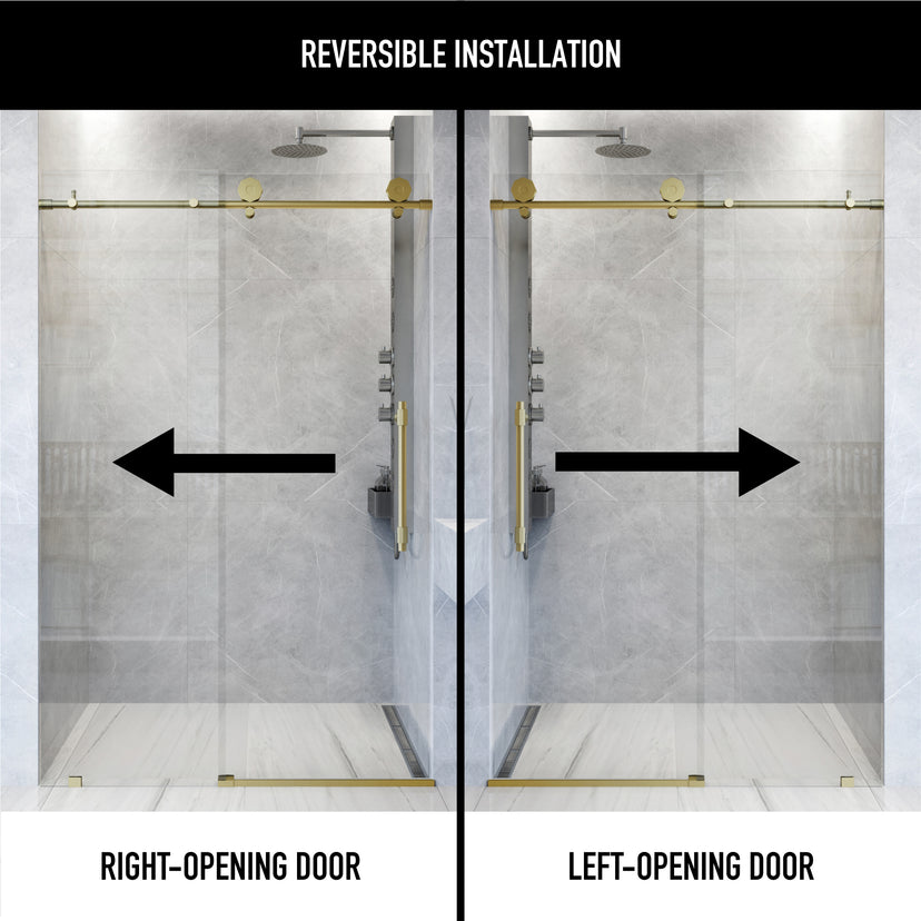 Elan Hart 56 to 60 in. W x 76 in. H Frameless Sliding Shower Door and Meridian 4-Piece Bath Hardware Set in Matte Brushed Gold