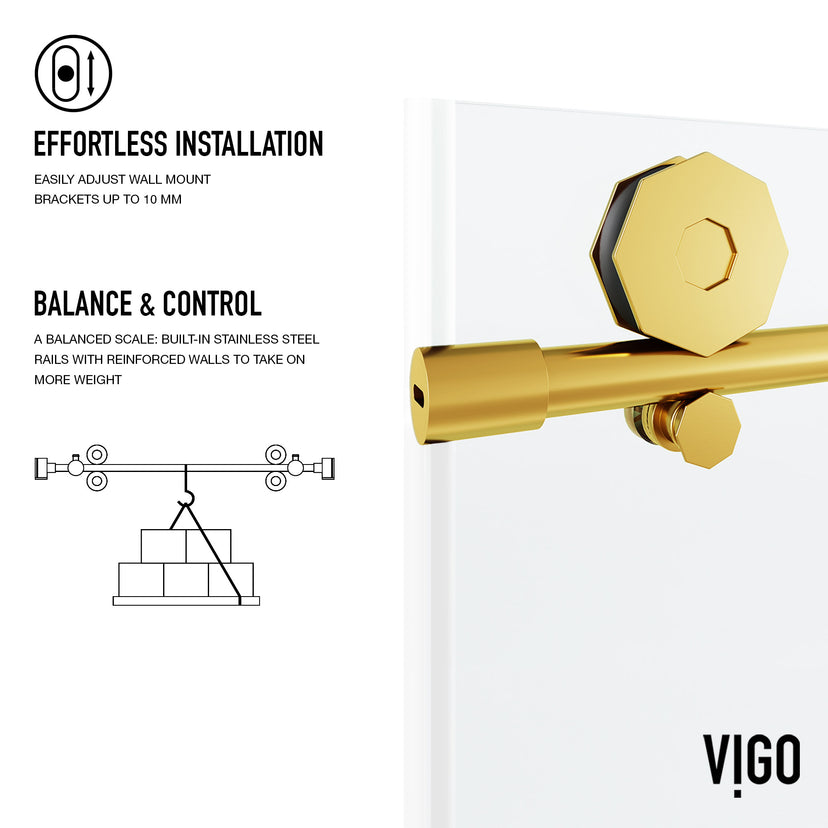Elan Hart 56 to 60 in. W x 76 in. H Frameless Sliding Shower Door and Meridian 4-Piece Bath Hardware Set in Matte Brushed Gold