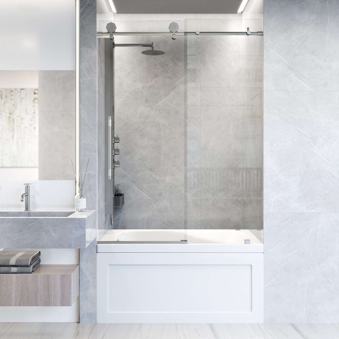 Stainless steel frameless sliding tub door with tempered clear glass and bar handle
