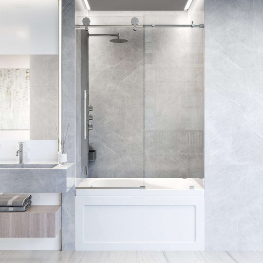 Stainless steel frameless sliding tub door with tempered clear glass and bar handle
