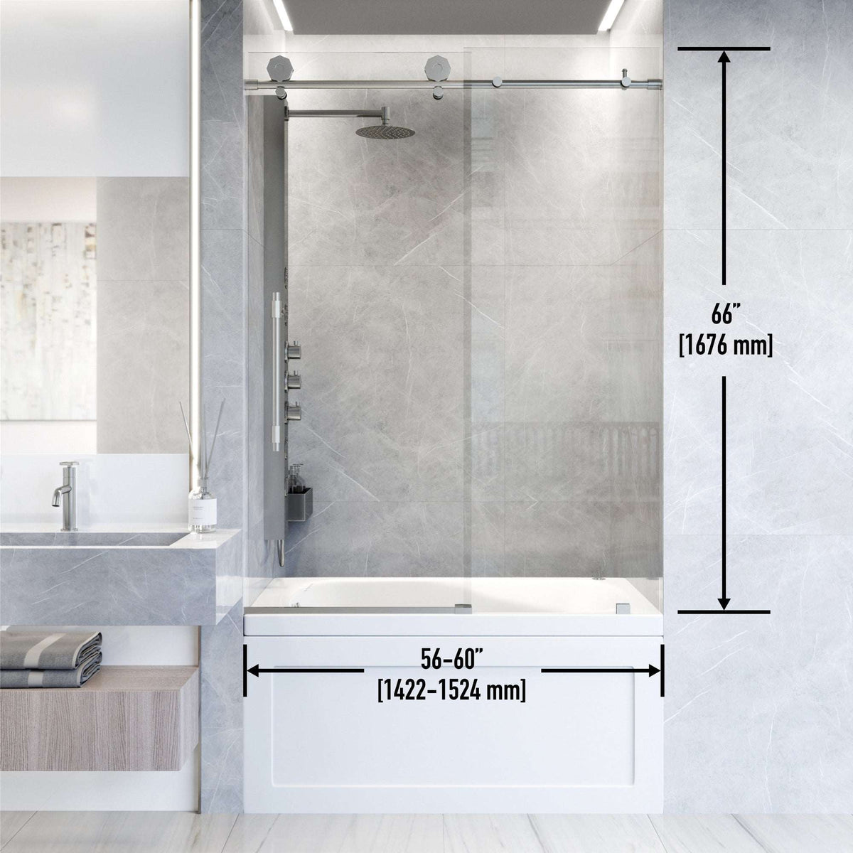 Adjustable 56-60 inch sliding tub door with tempered glass and left/right handle position