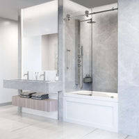 Frameless tub door in stainless steel finish with clear tempered glass and bar handle