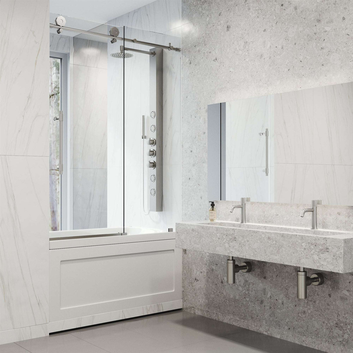 Alcove installation sliding shower door with included mounting hardware and stainless steel frame