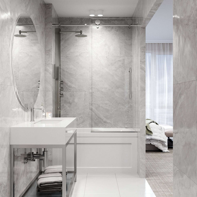 Reversible sliding door with tempered clear glass and stainless steel hardware