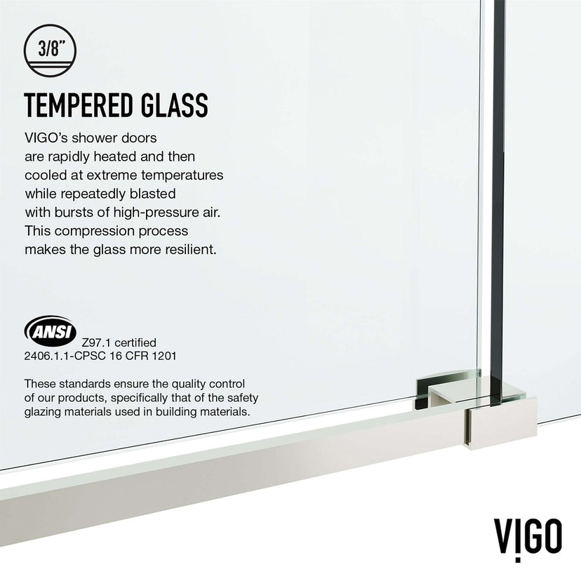 Clear glass sliding shower door with stainless steel frame and bar handle