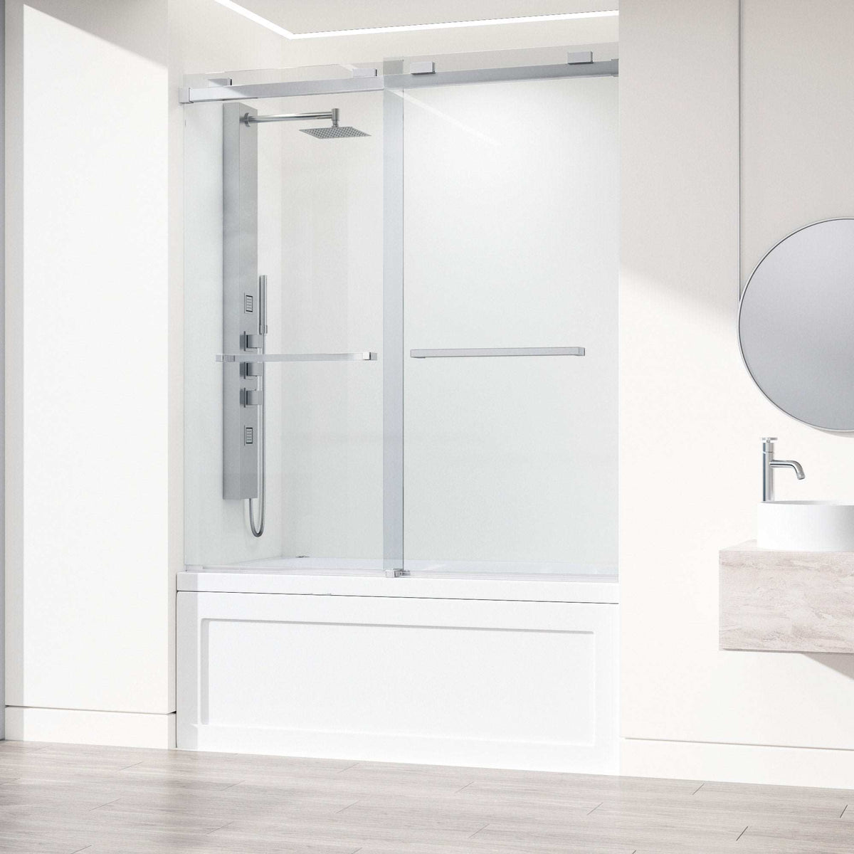 Chrome frameless sliding tub door with clear tempered glass, modern design, adjustable 56-60 in width