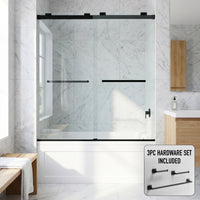 Houston 56-60 in. W x 66 in. H Frameless Sliding Tub Door in Matte Black with 3/8 in. (10mm) Clear Glass and Satro 3-Piece Bath Hardware Set
