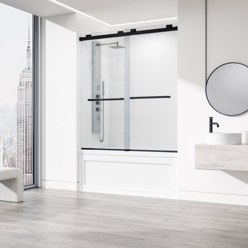 Houston 56-60 in. W x 66 in. H Frameless Sliding Tub Door in Matte Black with 3/8 in. (10mm) Clear Glass and Satro 3-Piece Bath Hardware Set