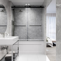 Houston 56-60 in. W x 66 in. H Frameless Sliding Tub Door in Matte Black with 3/8 in. (10mm) Clear Glass and Satro 3-Piece Bath Hardware Set