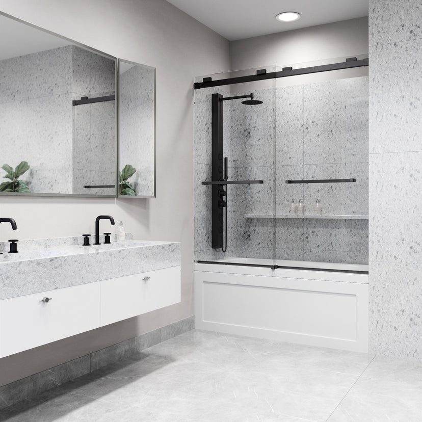 Houston 56-60 in. W x 66 in. H Frameless Sliding Tub Door in Matte Black with 3/8 in. (10mm) Clear Glass and Satro 3-Piece Bath Hardware Set