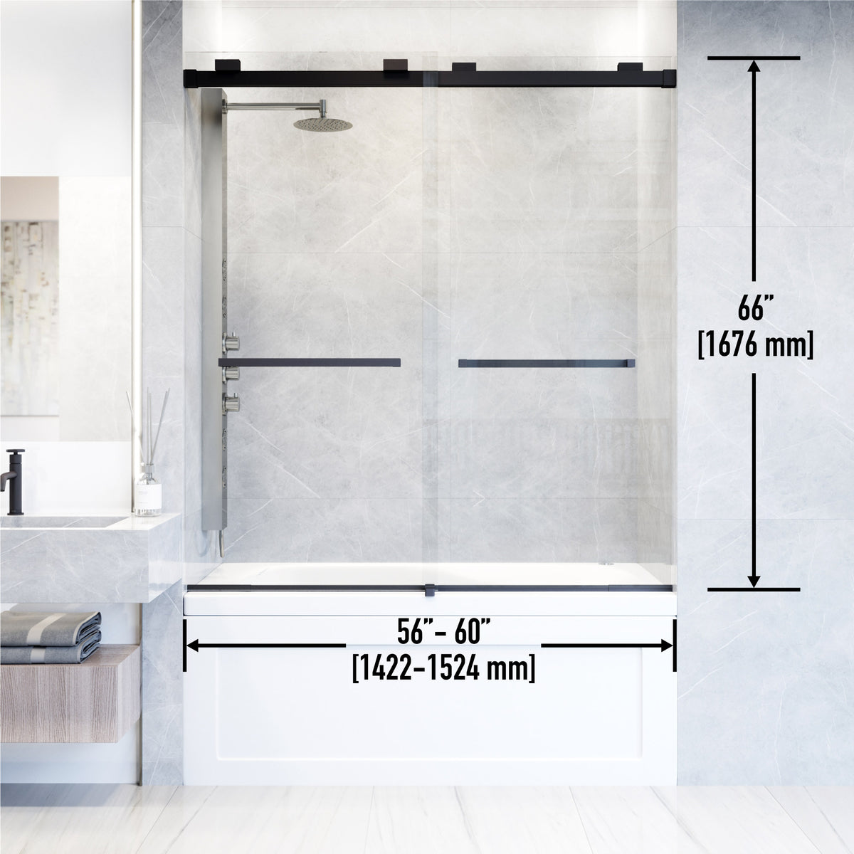 Houston 56-60 in. W x 66 in. H Frameless Sliding Tub Door in Matte Black with 3/8 in. (10mm) Clear Glass and Satro 3-Piece Bath Hardware Set