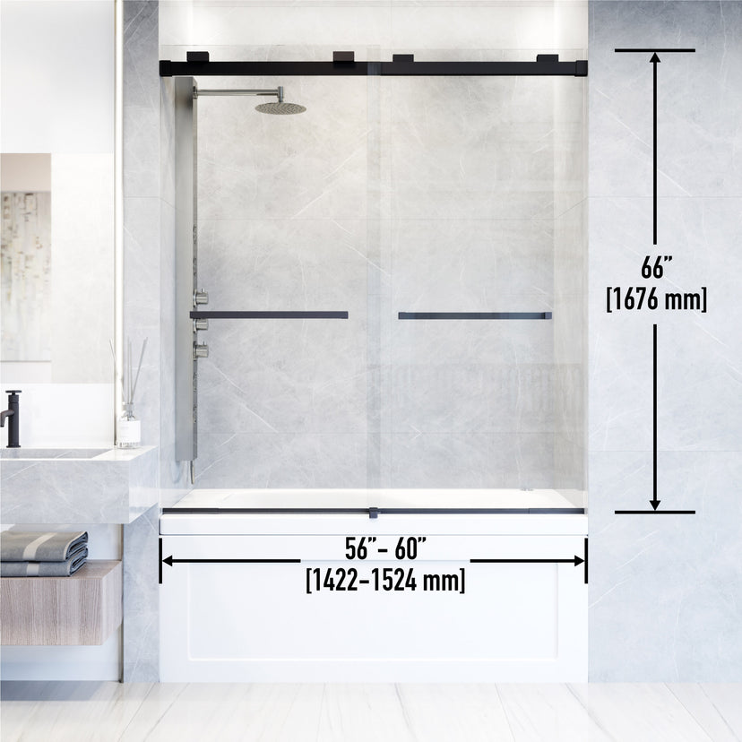 Houston 56-60 in. W x 66 in. H Frameless Sliding Tub Door in Matte Black with 3/8 in. (10mm) Clear Glass and Satro 3-Piece Bath Hardware Set