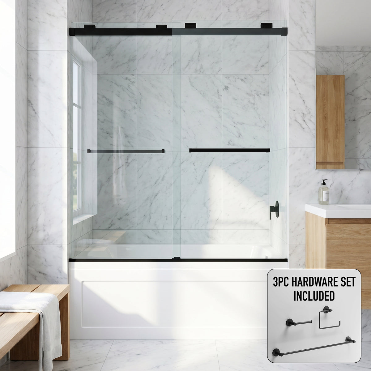 Houston 56-60 in. W x 66 in. H Frameless Sliding Tub Door in Matte Black with 3/8 in. (10mm) Clear Glass and Cass 3-Piece Bath Hardware Set