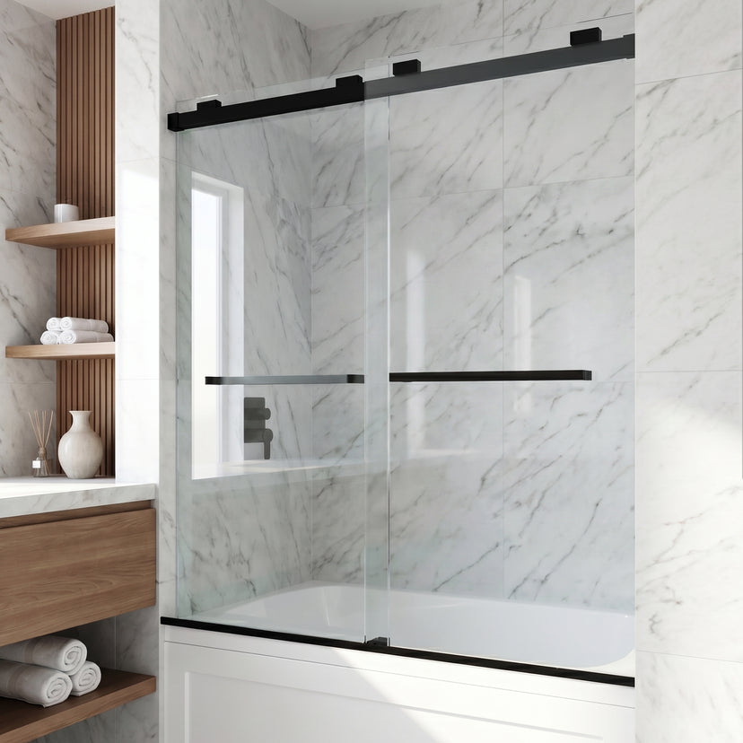 Houston 56-60 in. W x 66 in. H Frameless Sliding Tub Door in Matte Black with 3/8 in. (10mm) Clear Glass and Cass 3-Piece Bath Hardware Set