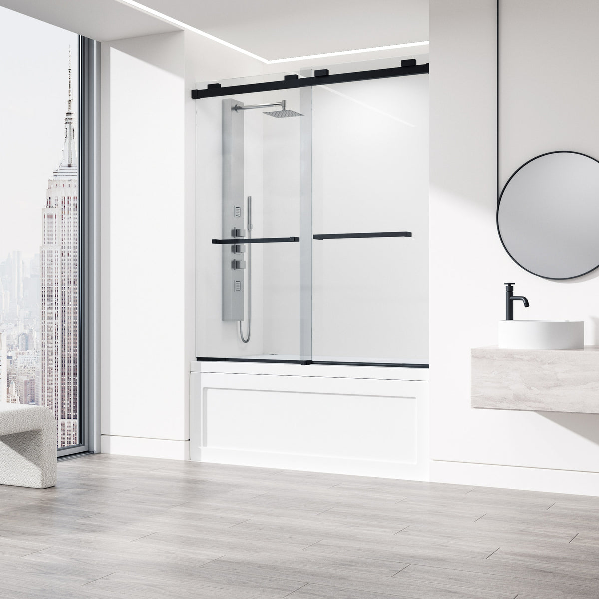 Houston 56-60 in. W x 66 in. H Frameless Sliding Tub Door in Matte Black with 3/8 in. (10mm) Clear Glass and Cass 4-Piece Bath Hardware Set